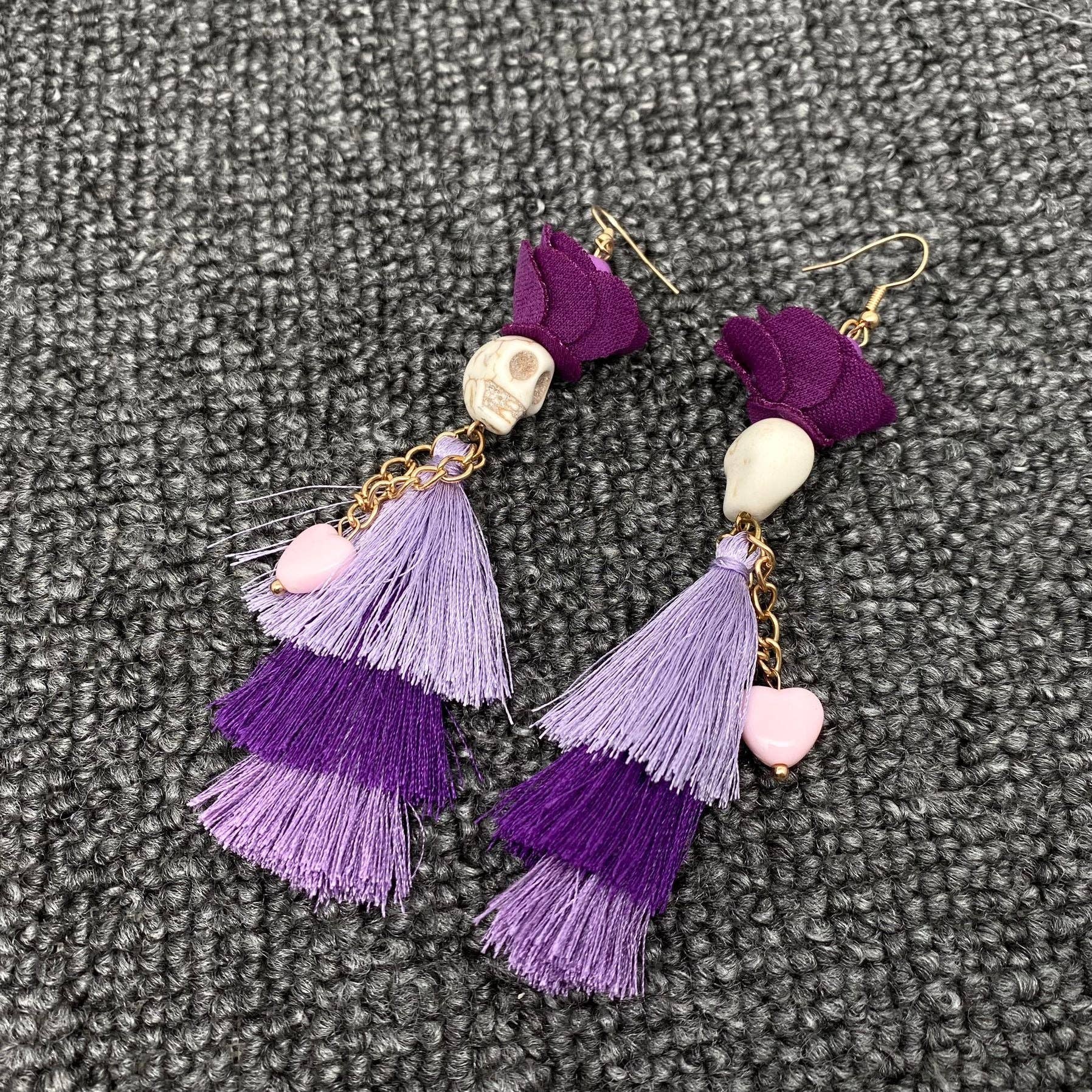 Halloween Purple Fringed Skeleton Lady Dangle Earrings - Spiral Circle