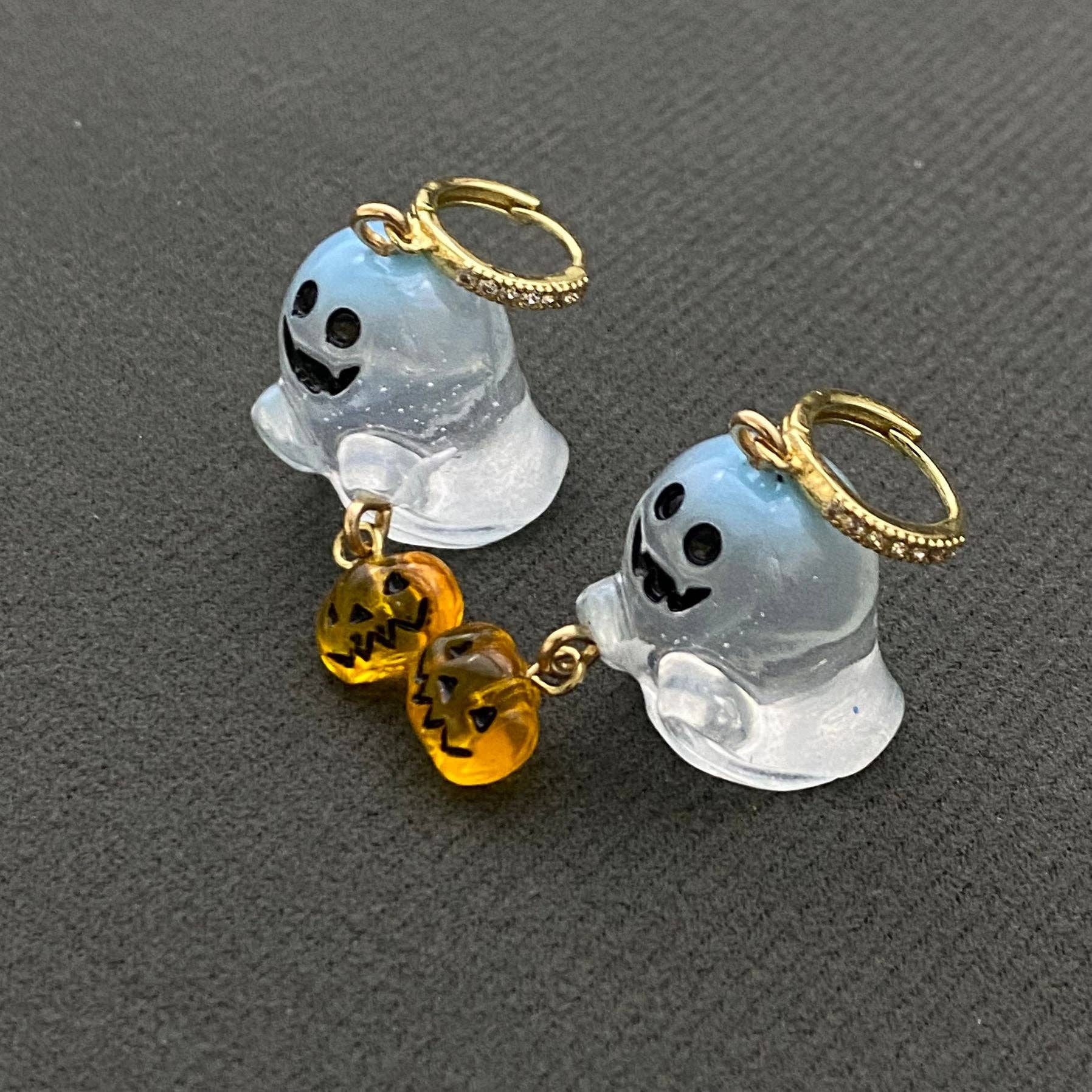 Halloween Resin Ghost & Pumpkin Huggie Earrings - Spiral Circle