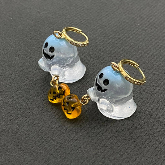Halloween Resin Ghost & Pumpkin Huggie Earrings - Spiral Circle