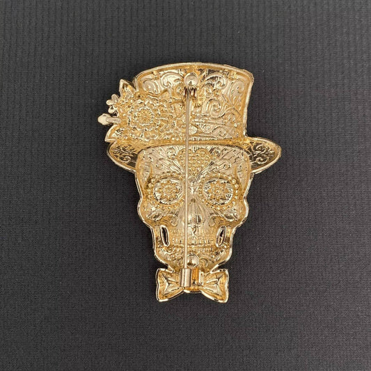 Halloween Skull With Top Hat Brooch - Spiral Circle