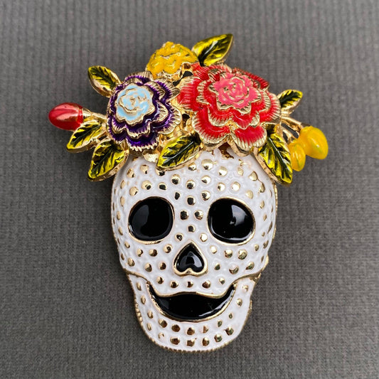 Halloween Skull with Wreath Enamel Brooch - Spiral Circle
