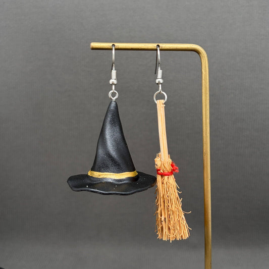 Halloween Witch Hat & Broom | Dangle Earrings - Spiral Circle