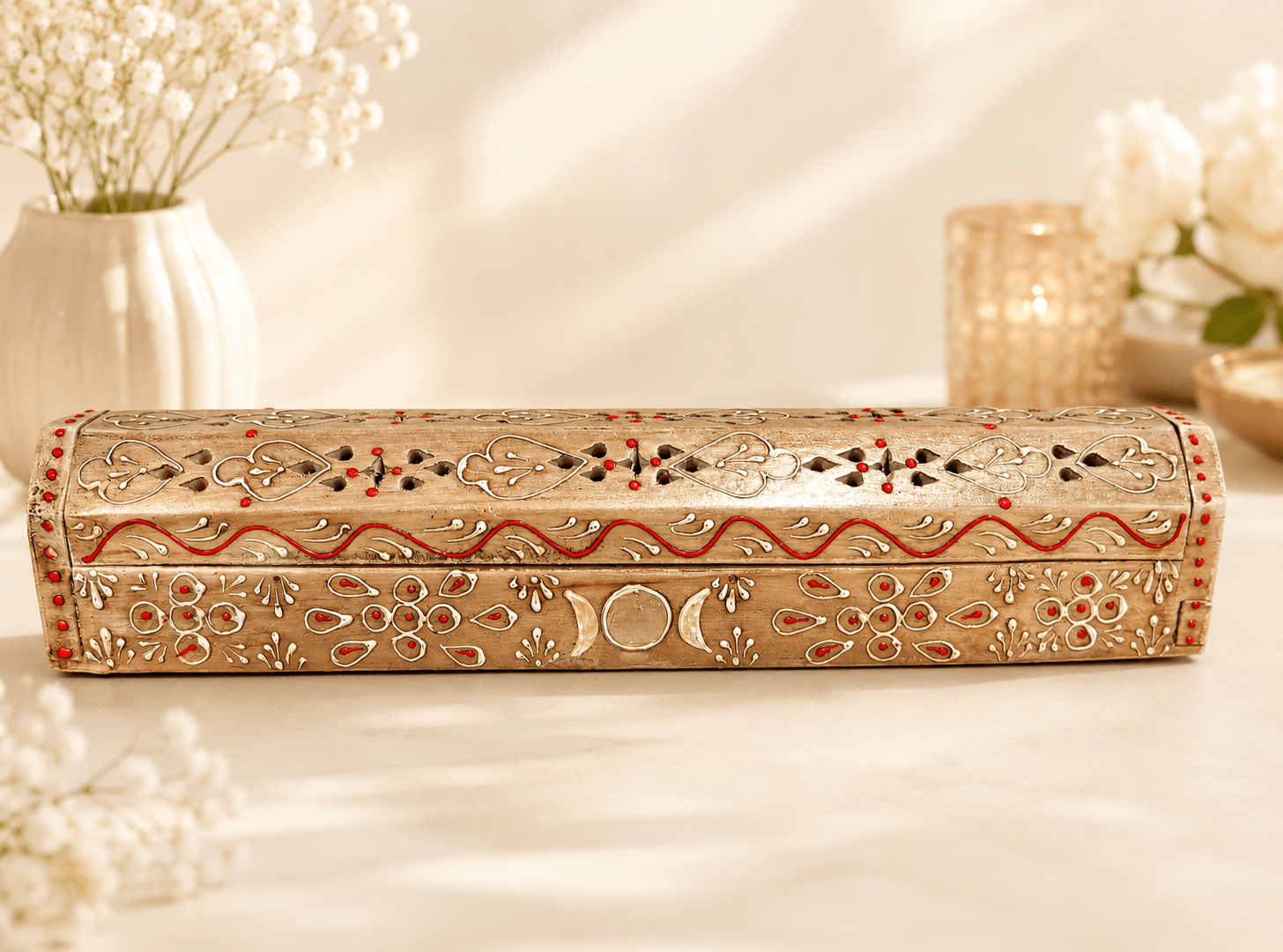 Hand Painted Wooden Incense Box - NATURAL WOODEN (12 in.) - Spiral Circle