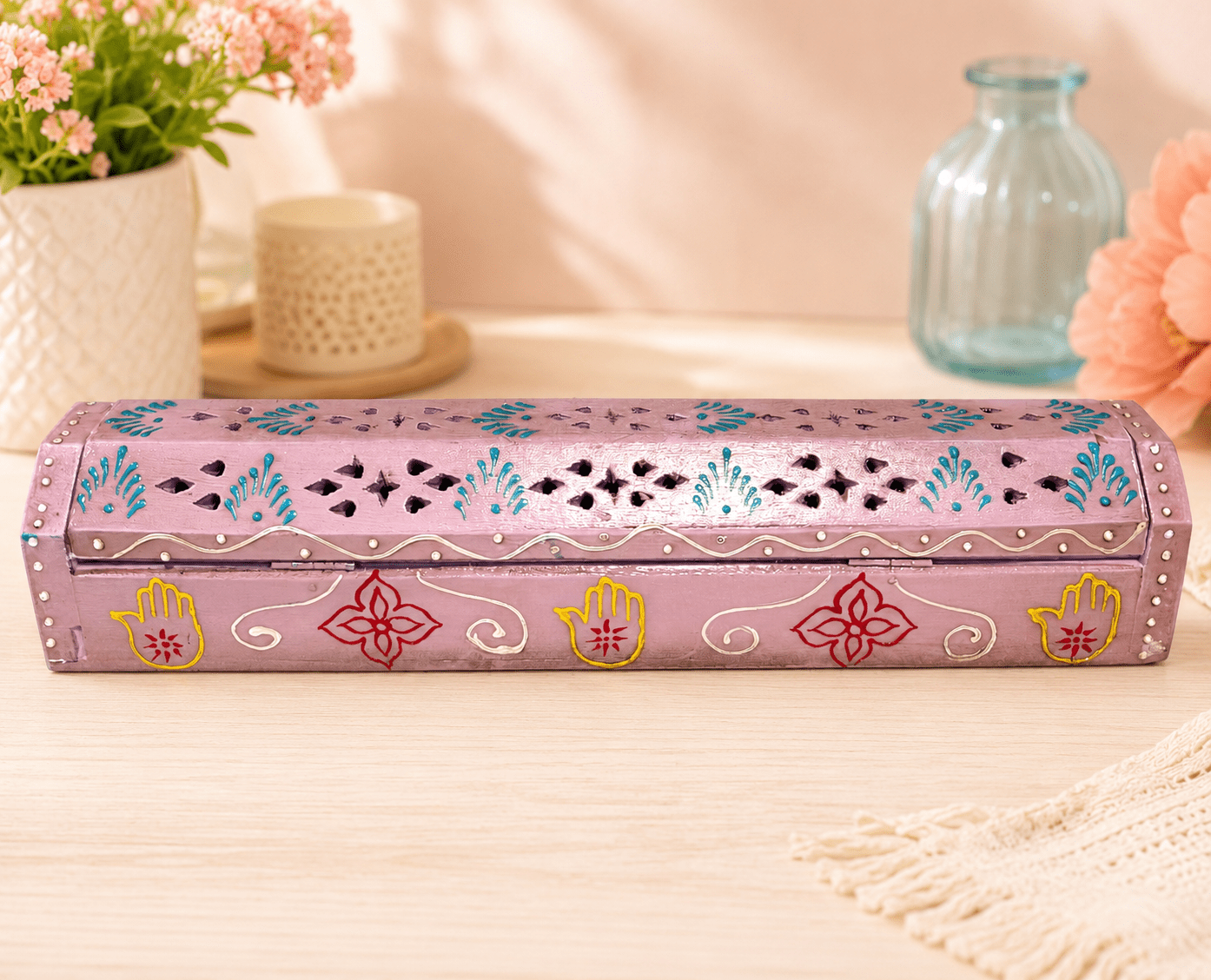 Hand Painted Wooden Incense Box - PINK (12 in.) - Spiral Circle
