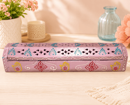 Hand Painted Wooden Incense Box - PINK (12 in.) - Spiral Circle
