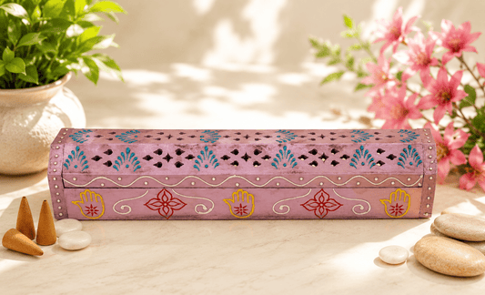 Hand Painted Wooden Incense Box - PINK (12 in.) - Spiral Circle