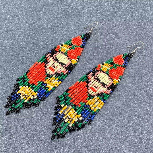Handmade Frida Kahlo Seed Beads Fringe Earrings - Spiral Circle
