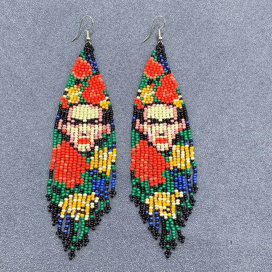 Handmade Frida Kahlo Seed Beads Fringe Earrings - Spiral Circle