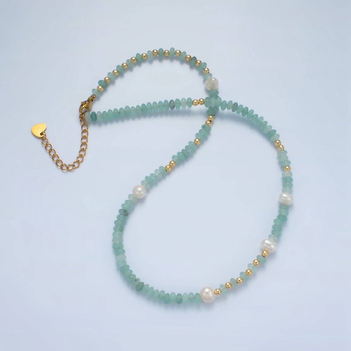Handmade Green Amazonite Rondell Beaded Chain Necklace with Fresh Water Pearl 15.55 inch | WA2567 - Spiral Circle