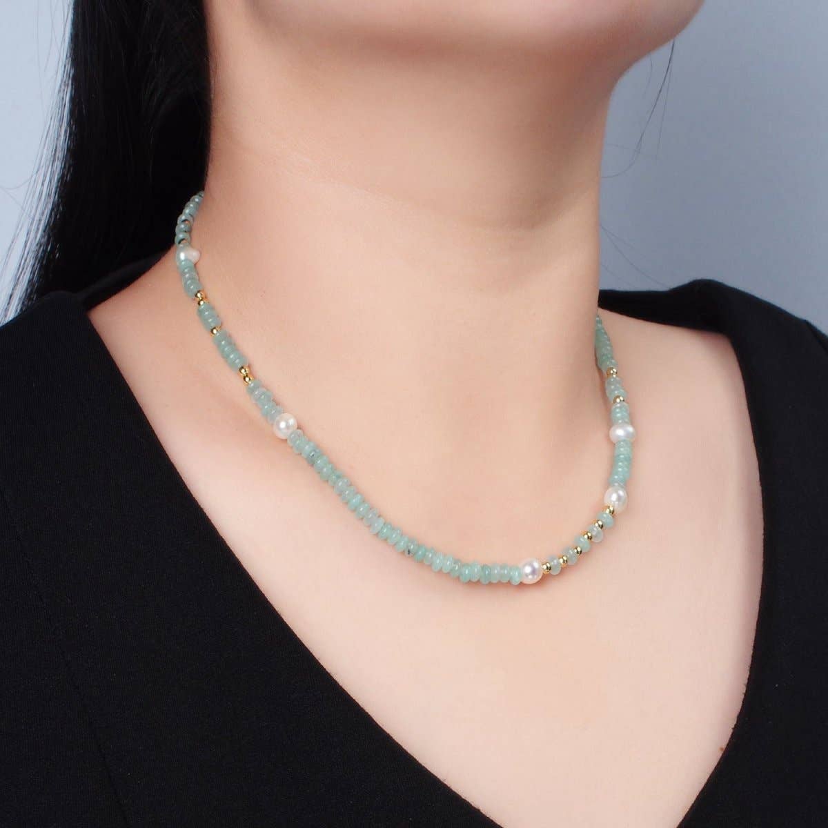 Handmade Green Amazonite Rondell Beaded Chain Necklace with Fresh Water Pearl 15.55 inch | WA2567 - Spiral Circle