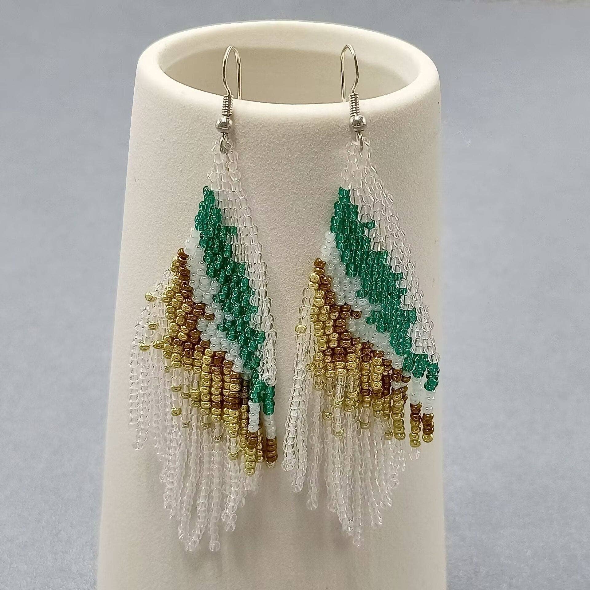 Handmade Woven Seed Beads Fringe Earrings - BJ/SB - Spiral Circle