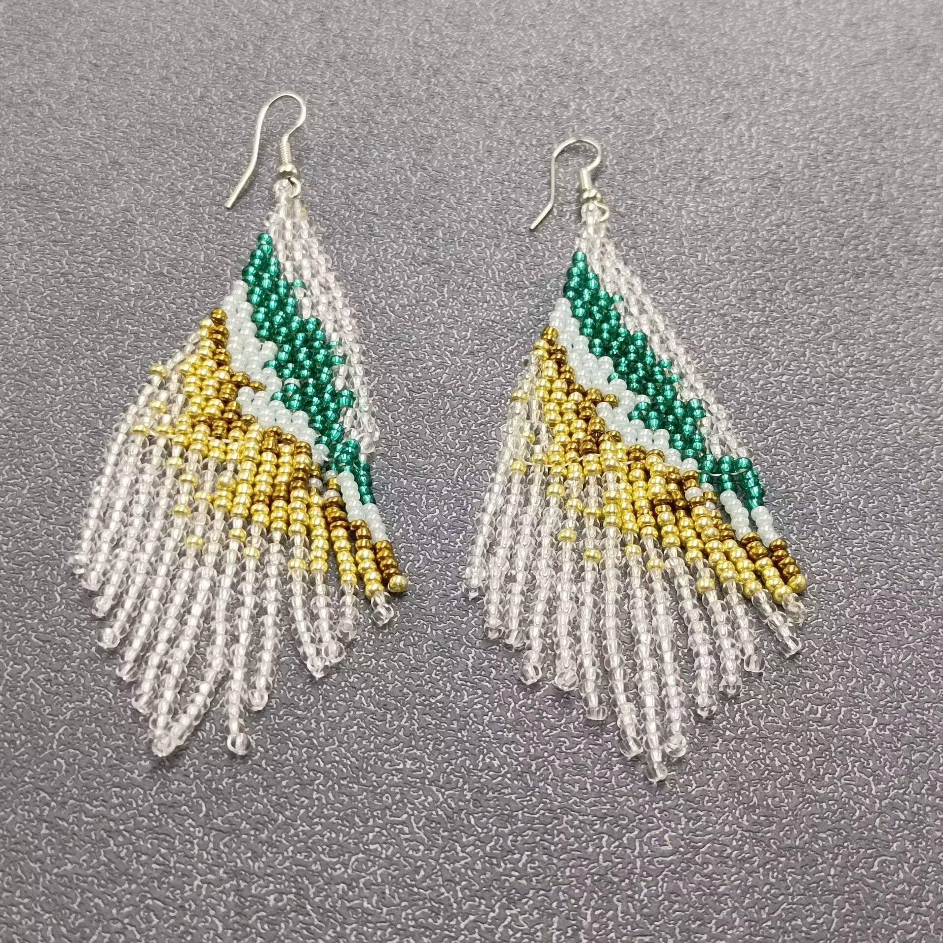 Handmade Woven Seed Beads Fringe Earrings - BJ/SB - Spiral Circle