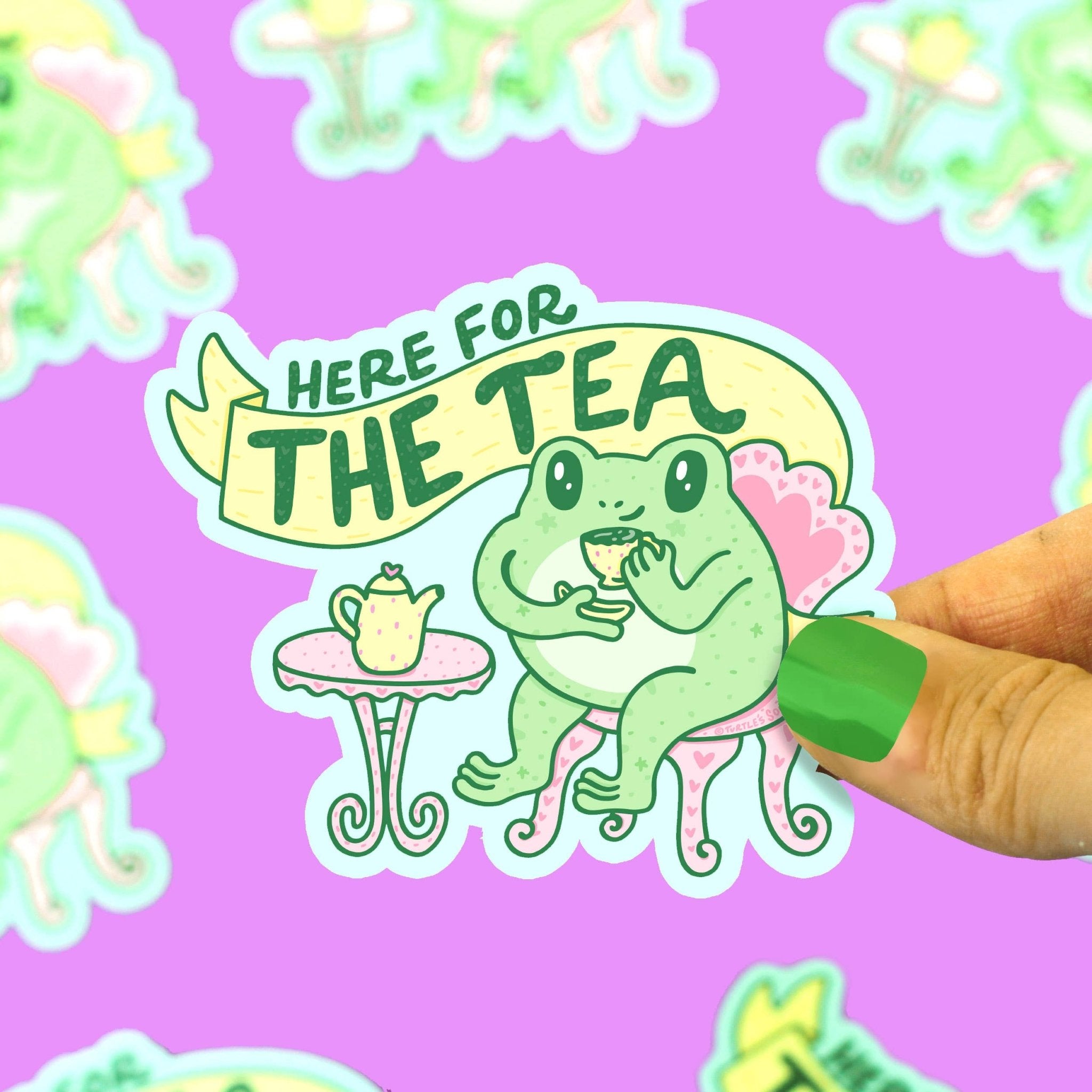 Here for the Tea Frog Gossip Laptop Decal Vinyl Sticker - Spiral Circle