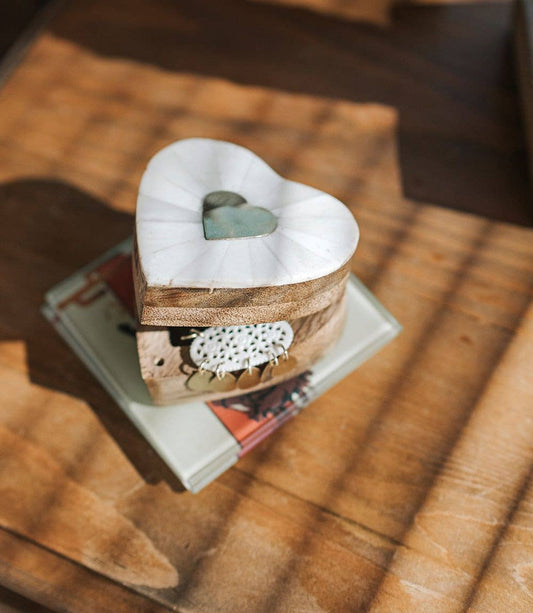 Hinged Heart Box with Ethically Sourced Bone and Brass Inlay - Spiral Circle