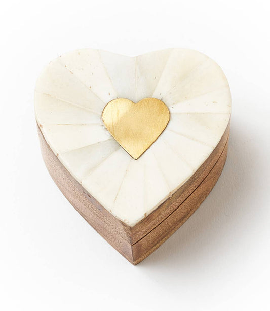 Hinged Heart Box with Ethically Sourced Bone and Brass Inlay - Spiral Circle