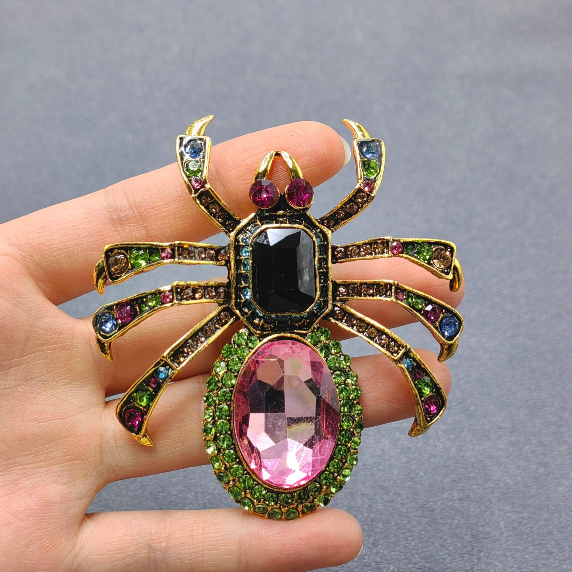 Inlaid Glass & Rhinestone Spider Brooch - Spiral Circle