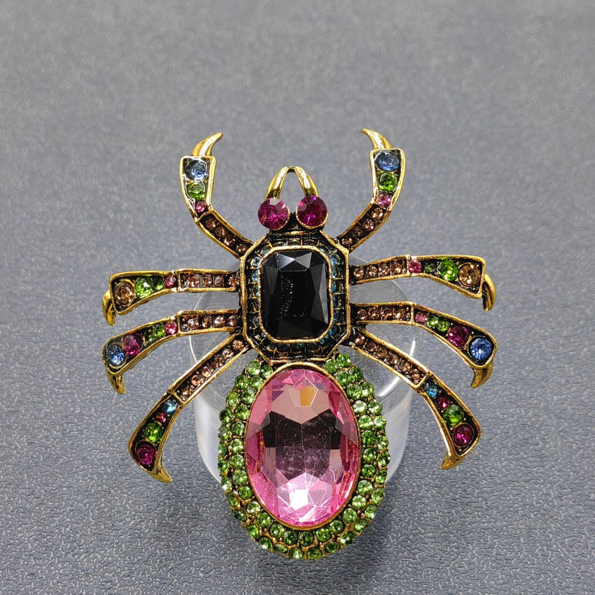 Inlaid Glass & Rhinestone Spider Brooch - Spiral Circle