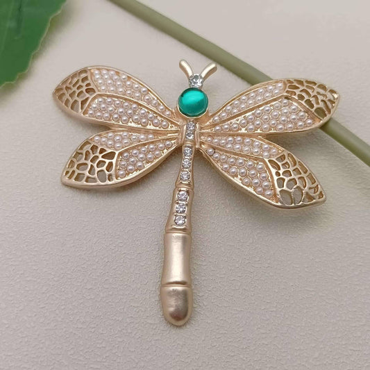 Inlaid Rhinestone Vintage Matte Golden Dragonfly Brooch - Spiral Circle