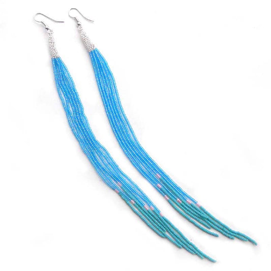Iris Blue Glass Seed Beaded Earrings - Spiral Circle
