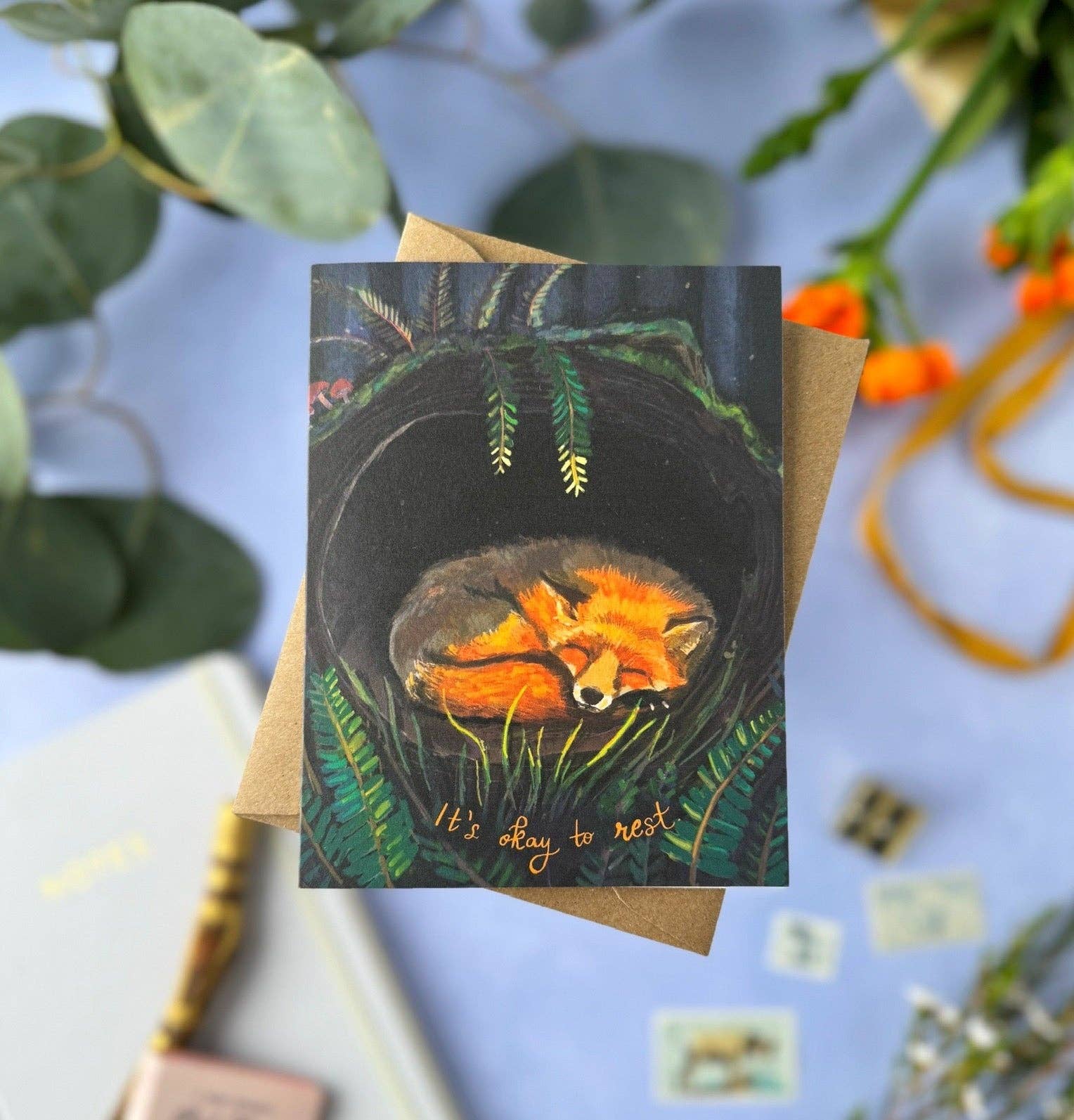 It's Okay to Rest Fox Card | Get Well, Encouragement Card - Spiral Circle