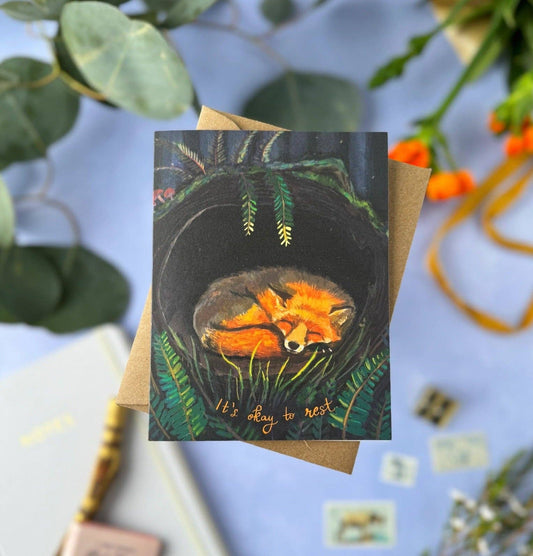 It's Okay to Rest Fox Card | Get Well, Encouragement Card - Spiral Circle