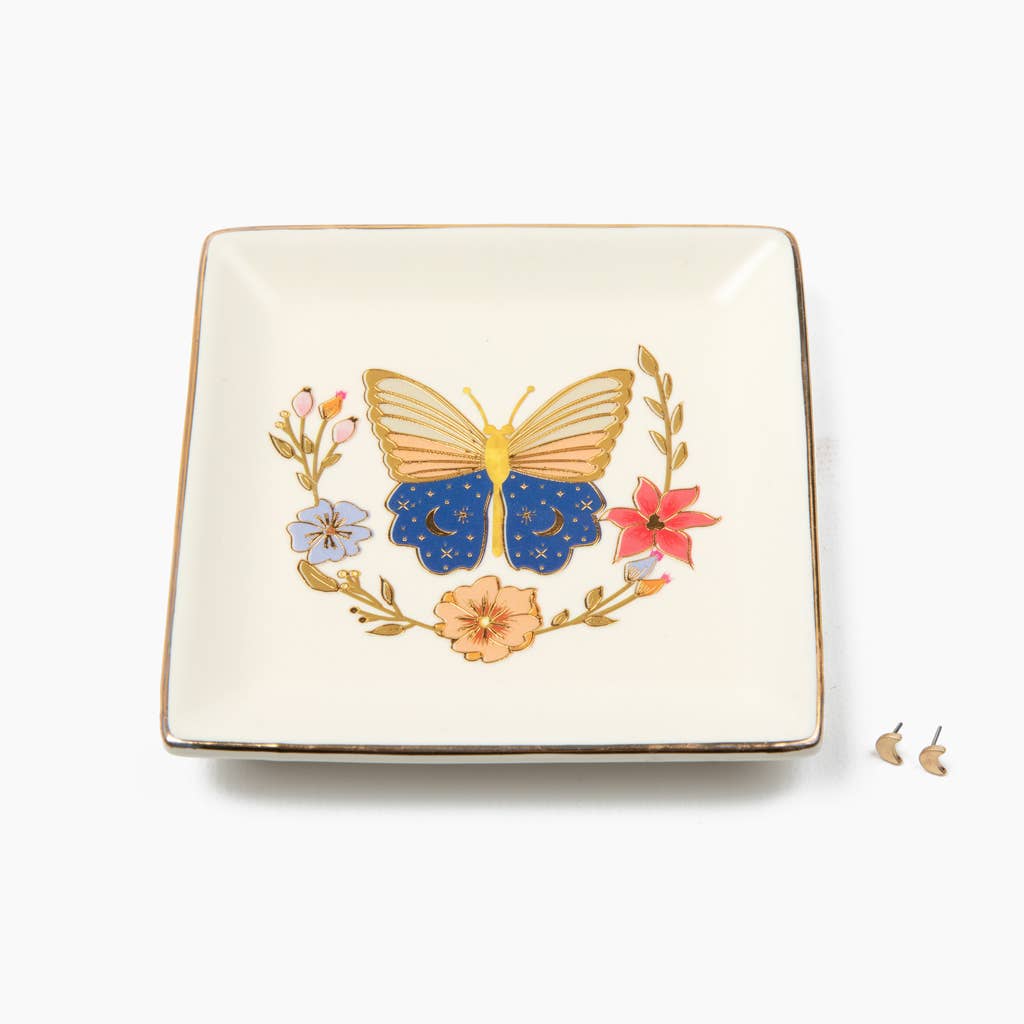 Jewelry Dish & Stud Earring Set - Butterfly/Cream - Spiral Circle