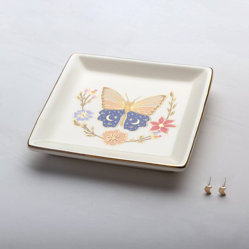 Jewelry Dish & Stud Earring Set - Butterfly/Cream - Spiral Circle