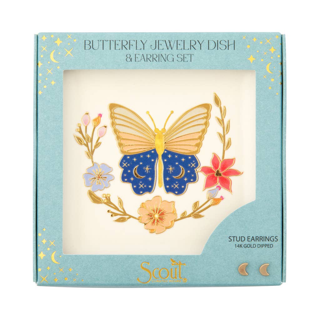 Jewelry Dish & Stud Earring Set - Butterfly/Cream - Spiral Circle