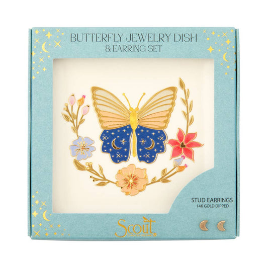 Jewelry Dish & Stud Earring Set - Butterfly/Cream - Spiral Circle