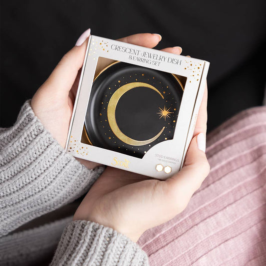Jewelry Dish & Stud Earring Set - Crescent/Black - Spiral Circle