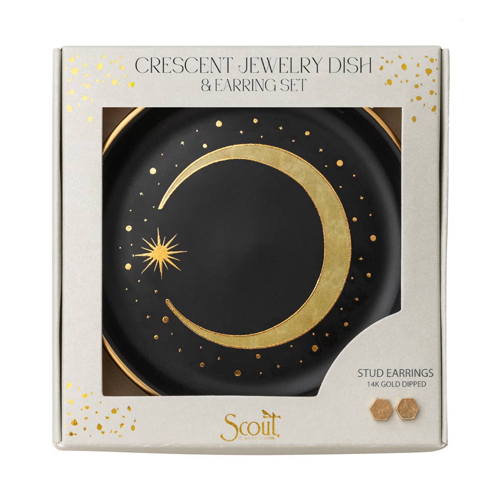 Jewelry Dish & Stud Earring Set - Crescent/Black - Spiral Circle
