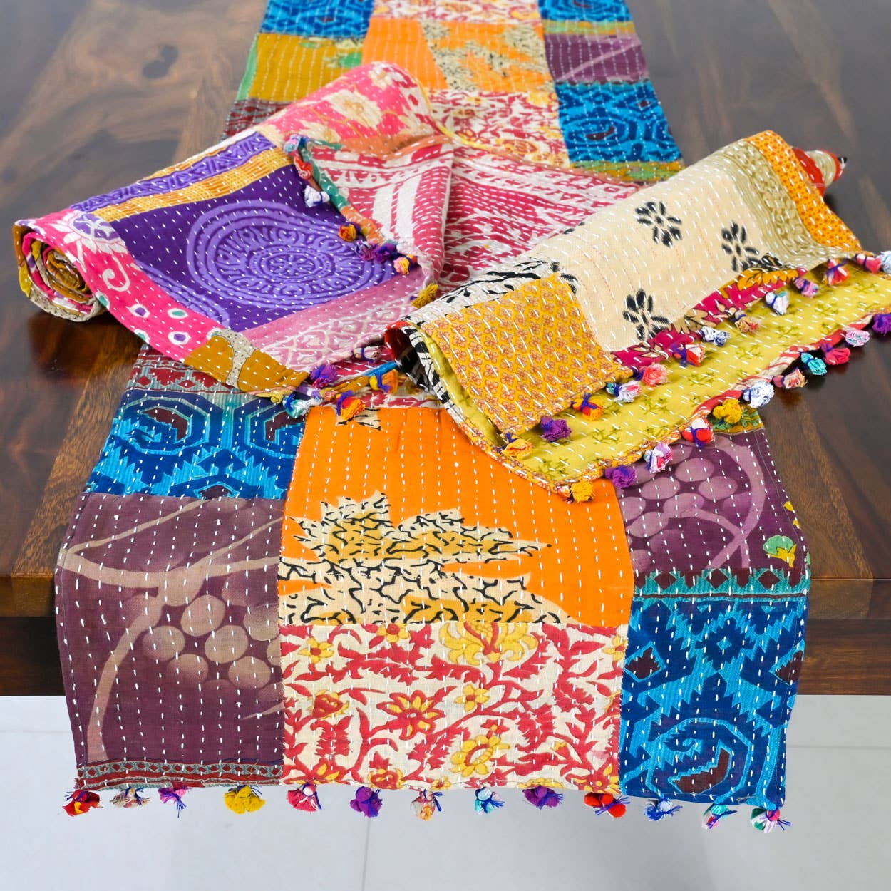 Kantha Table Runner - Spiral Circle