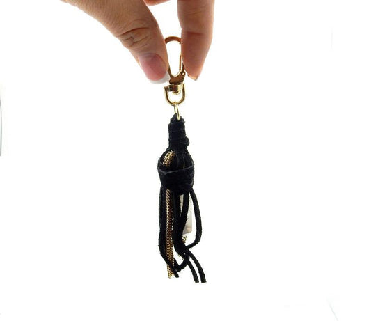 Keychain with Black Leather and Crystal Quartz Point - Spiral Circle