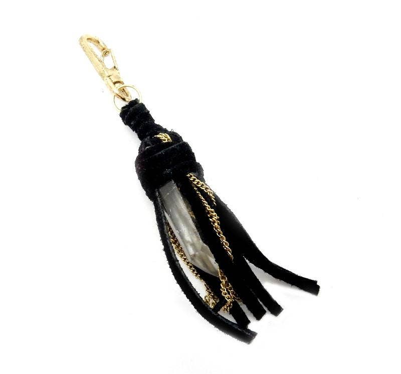 Keychain with Black Leather and Crystal Quartz Point - Spiral Circle