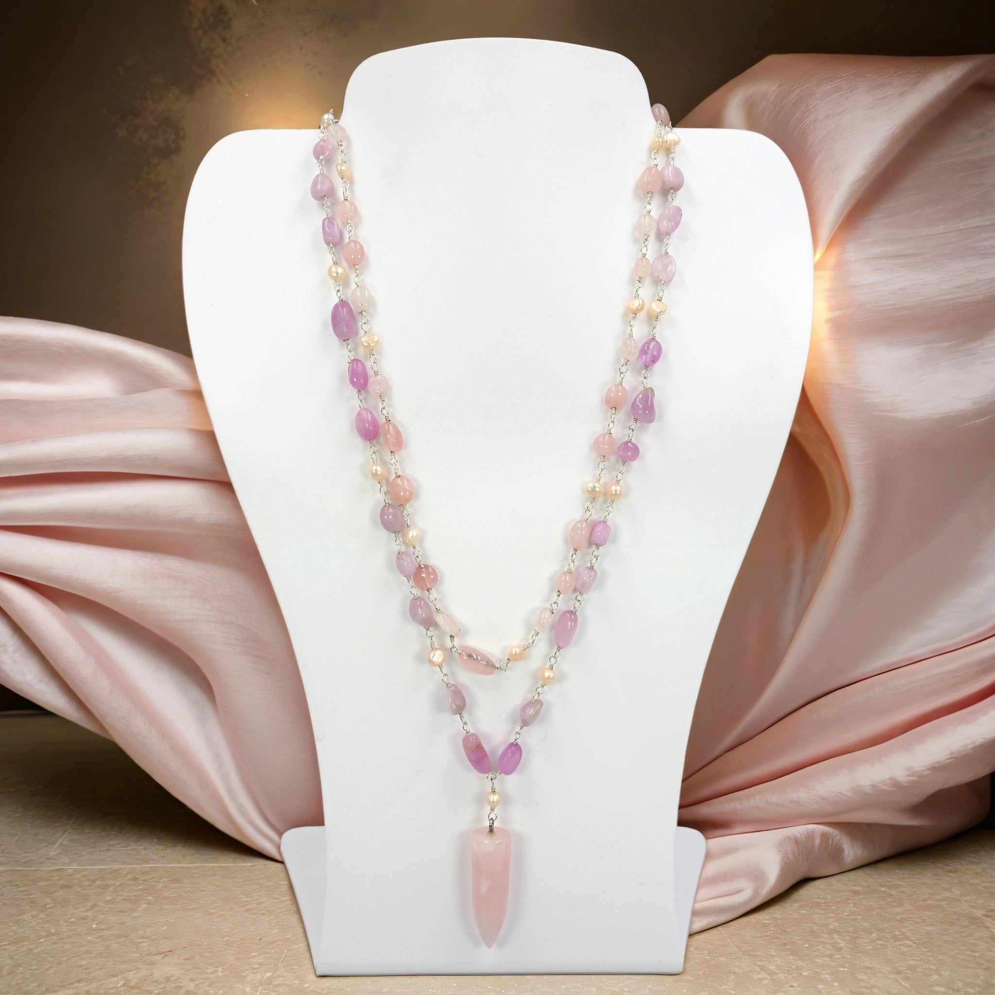 Kunzite and Rose Quartz Pendant Necklace - Spiral Circle