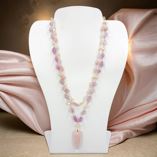 Kunzite and Rose Quartz Pendant Necklace - Spiral Circle
