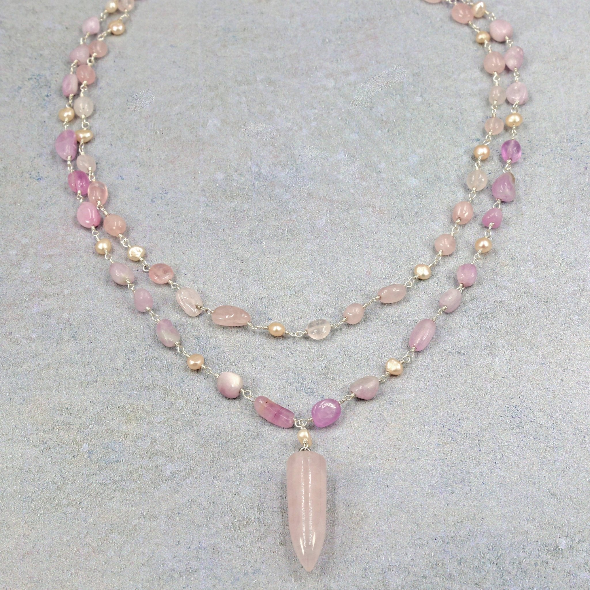Kunzite and Rose Quartz Pendant Necklace - Spiral Circle