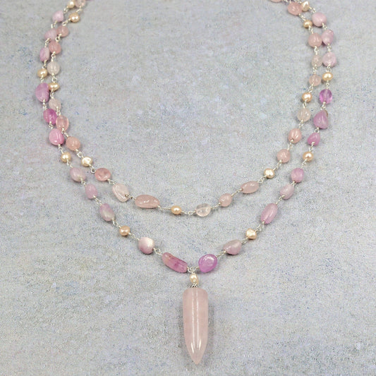 Kunzite and Rose Quartz Pendant Necklace - Spiral Circle