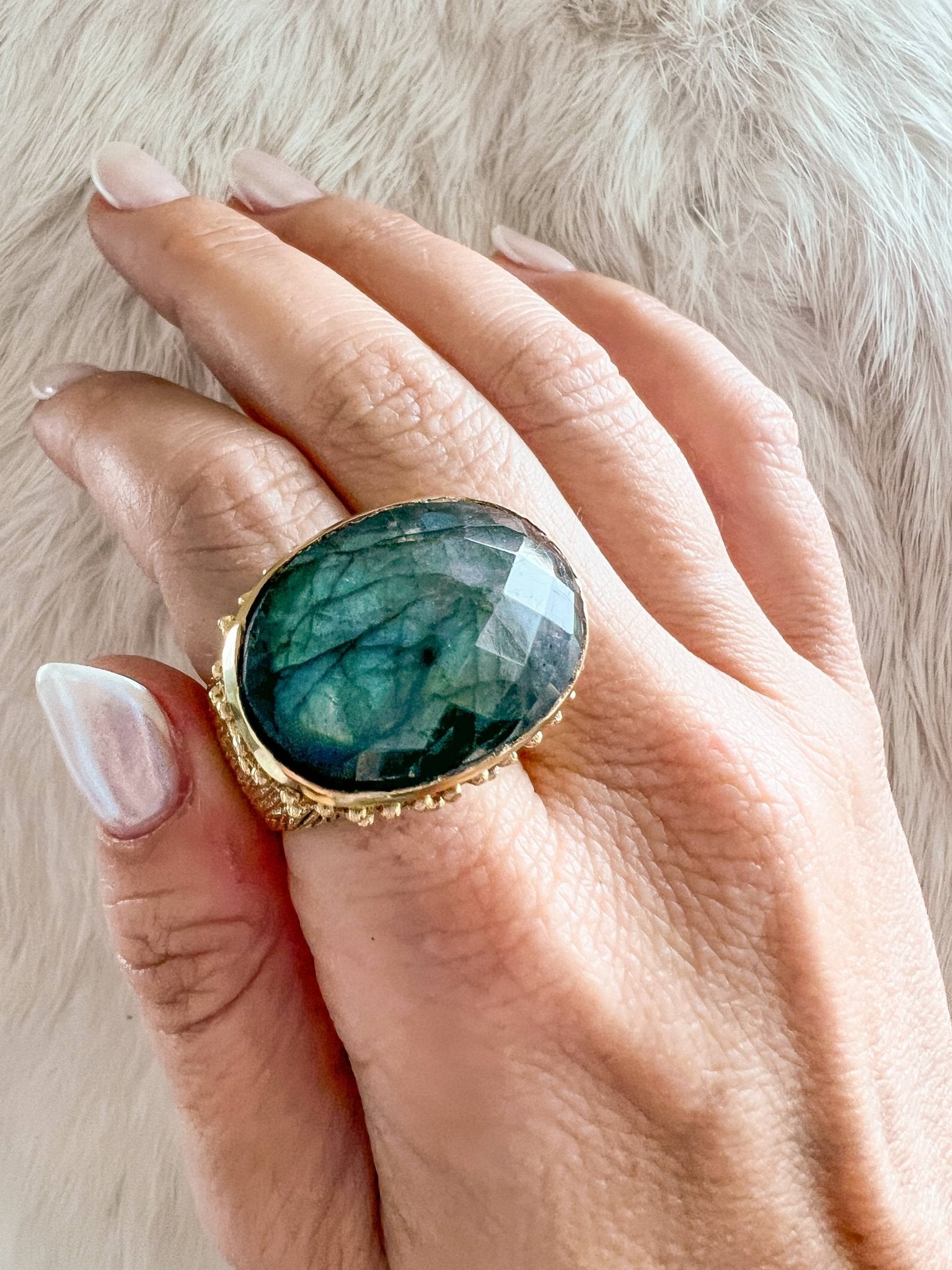 Large Brass Cocktail Ring Faceted Labradorite - Spiral Circle