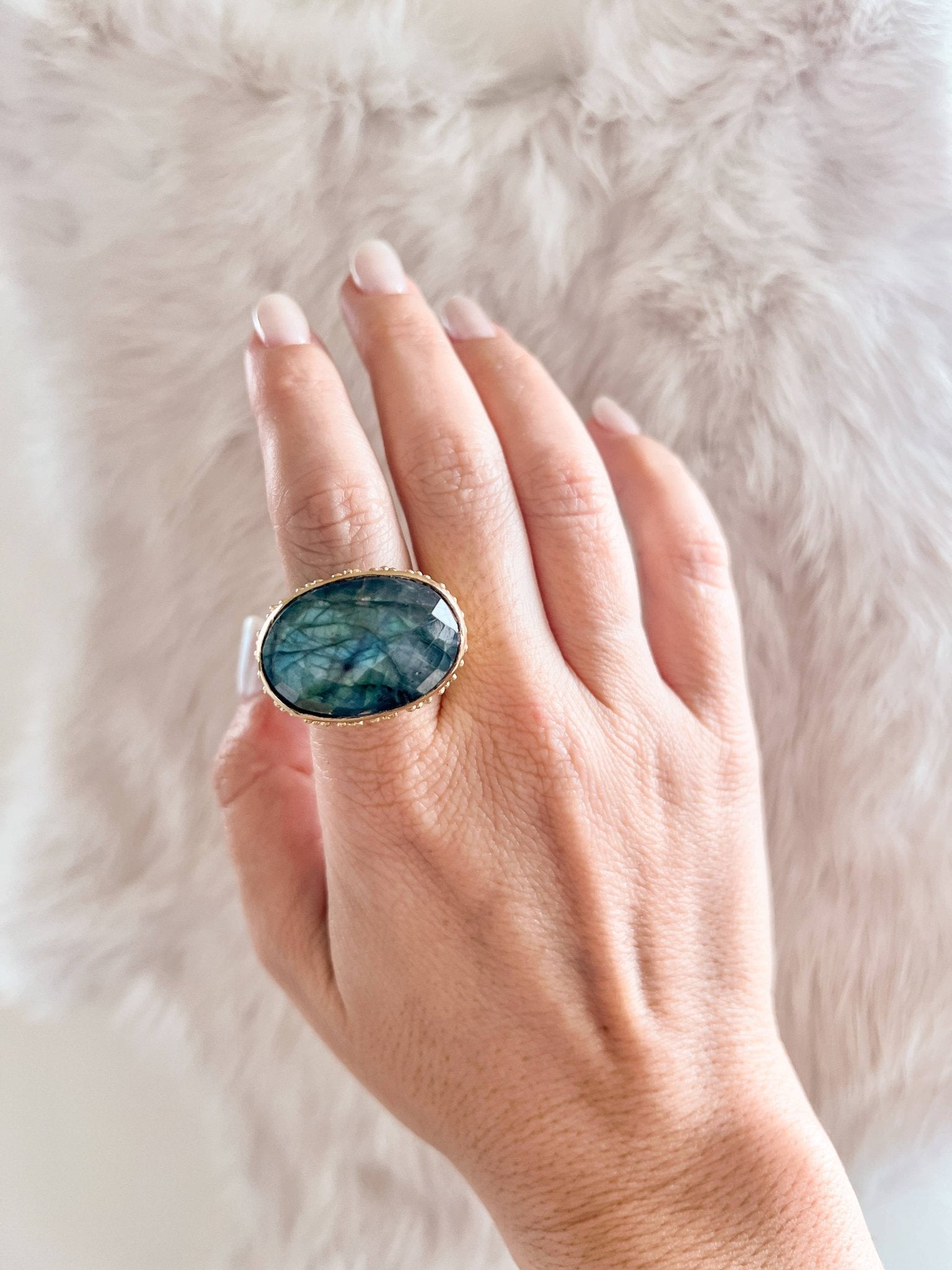 Large Brass Cocktail Ring Faceted Labradorite - Spiral Circle