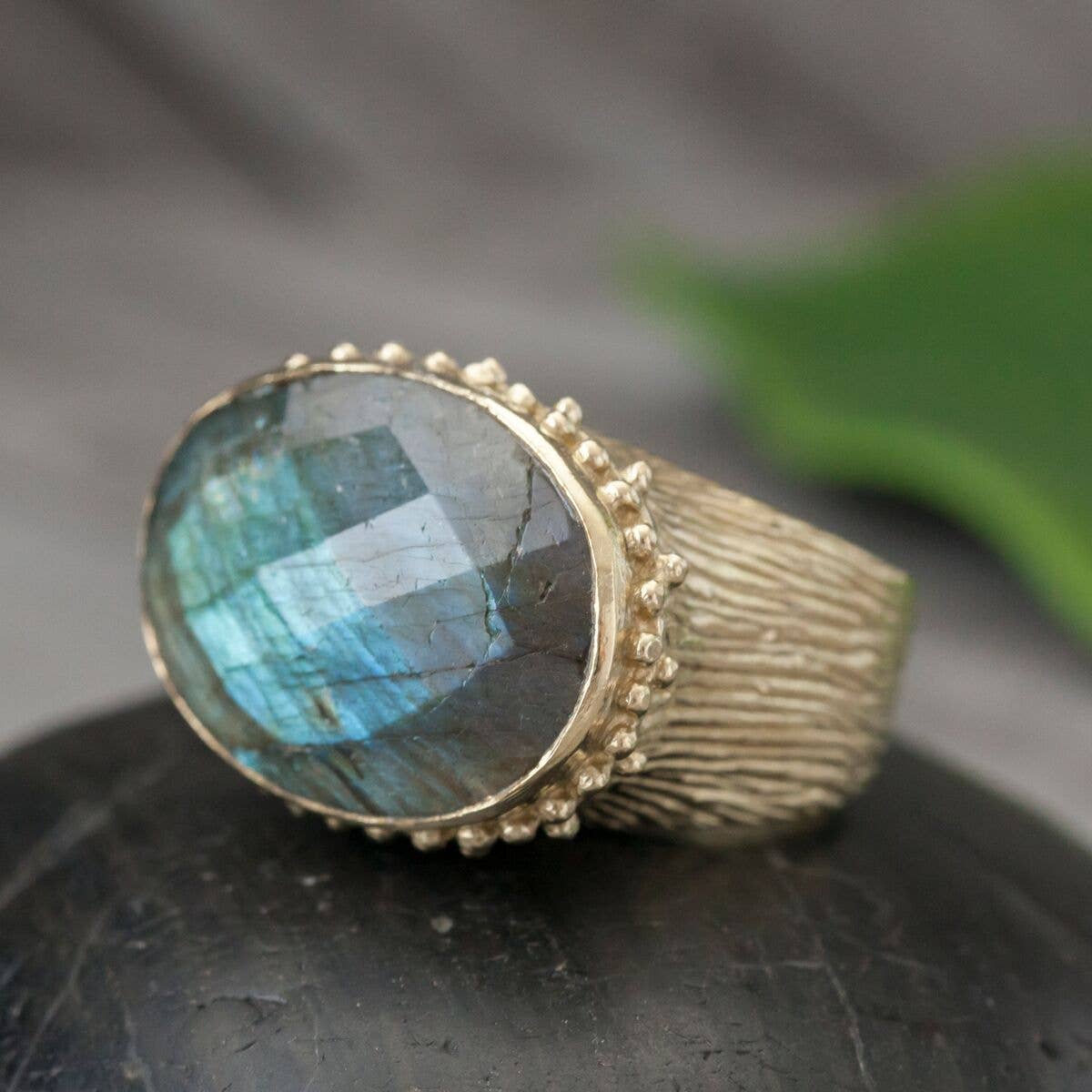 Large Brass Cocktail Ring Faceted Labradorite - Spiral Circle