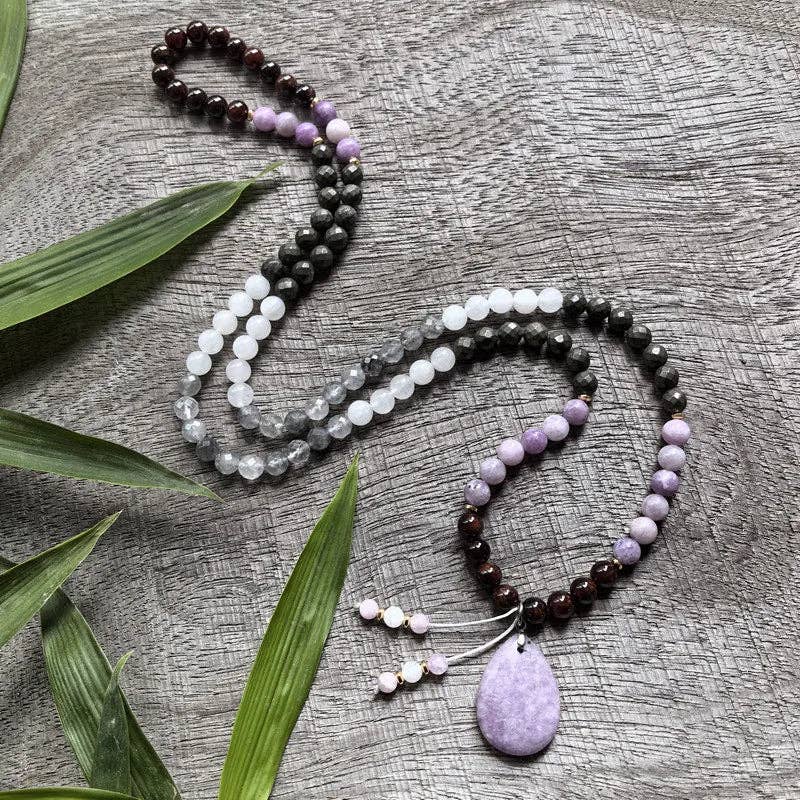 Lepidolite, Pyrite, Gray Crystal, Garnet 108 Bead Mala - Spiral Circle