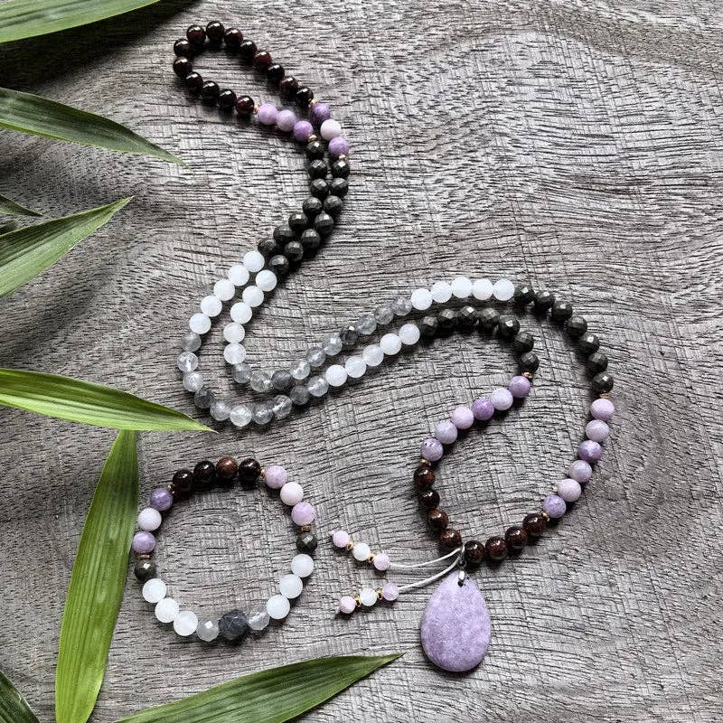 Lepidolite, Pyrite, Gray Crystal, Garnet 108 Bead Mala - Spiral Circle