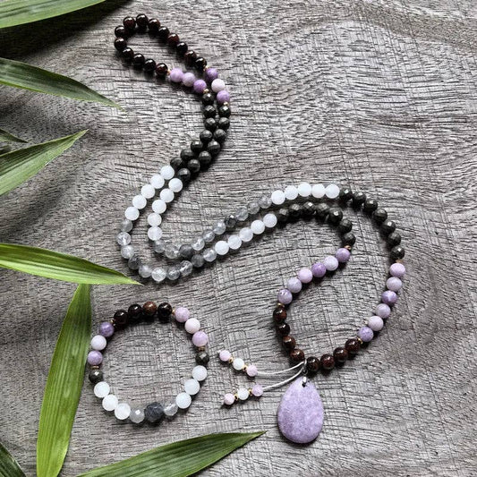 Lepidolite, Pyrite, Gray Crystal, Garnet 108 Bead Mala - Spiral Circle