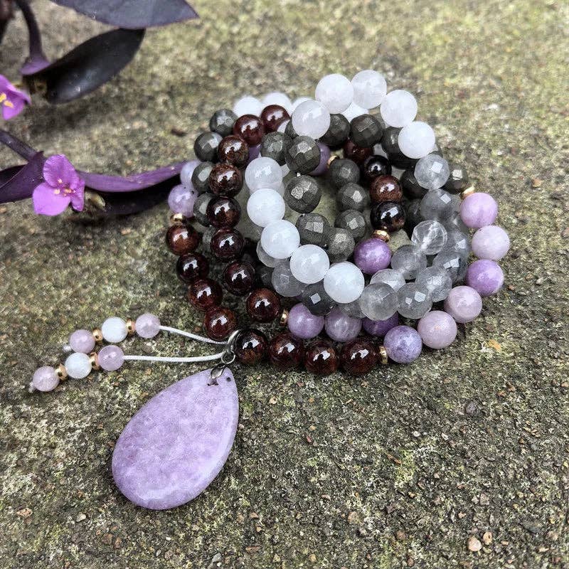 Lepidolite, Pyrite, Gray Crystal, Garnet 108 Bead Mala - Spiral Circle