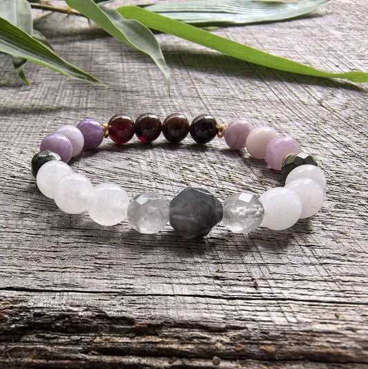 Lepidolite, Pyrite, Gray Crystal, Garnet 108 Bead Mala - Spiral Circle