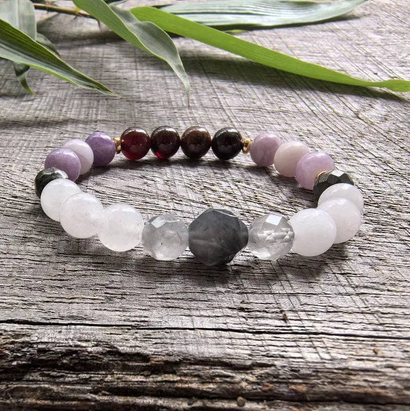 Lepidolite, Pyrite, Gray Crystal, Garnet 108 Bead Mala - Spiral Circle