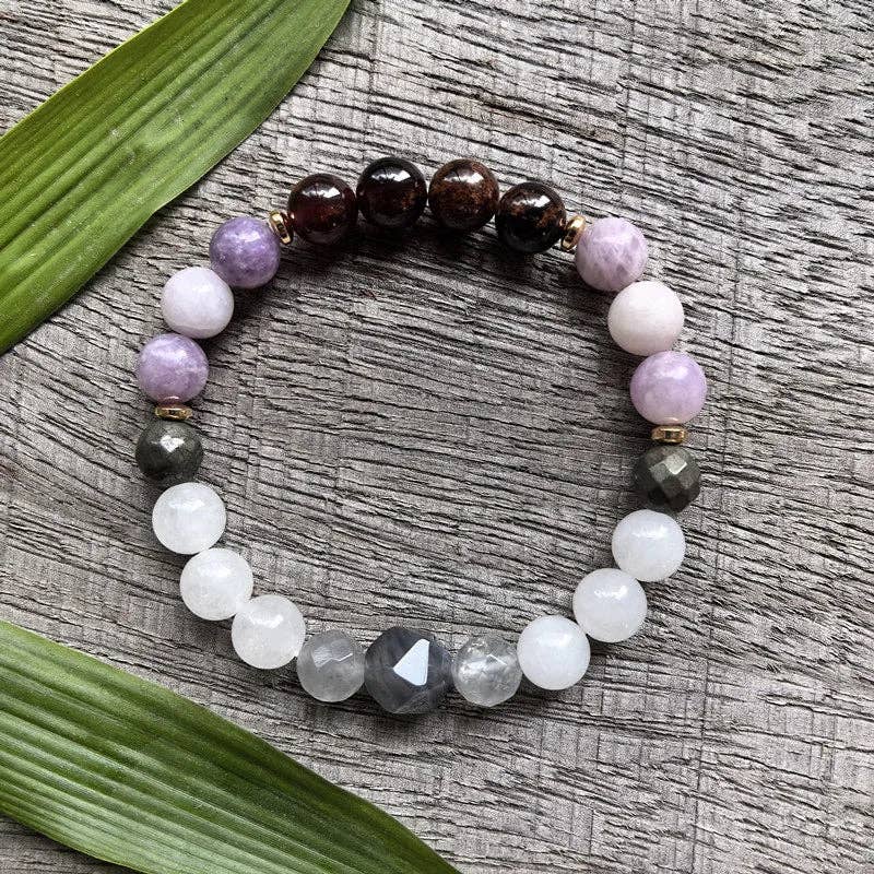 Lepidolite, Pyrite, Gray Crystal, Garnet 108 Bead Mala - Spiral Circle