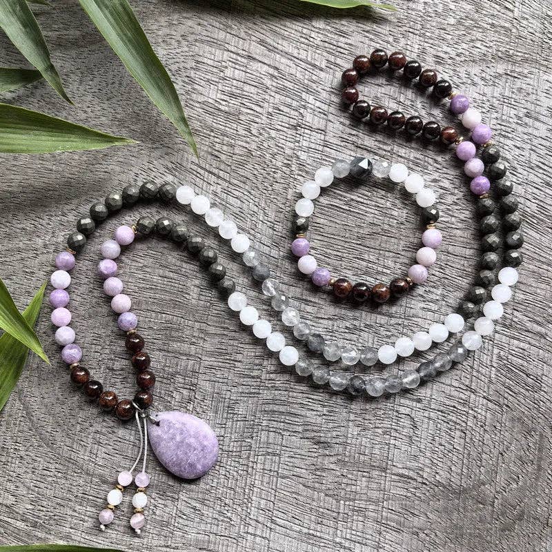 Lepidolite, Pyrite, Gray Crystal, Garnet 108 Bead Mala - Spiral Circle