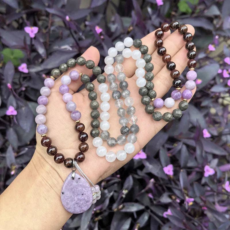 Lepidolite, Pyrite, Gray Crystal, Garnet 108 Bead Mala - Spiral Circle
